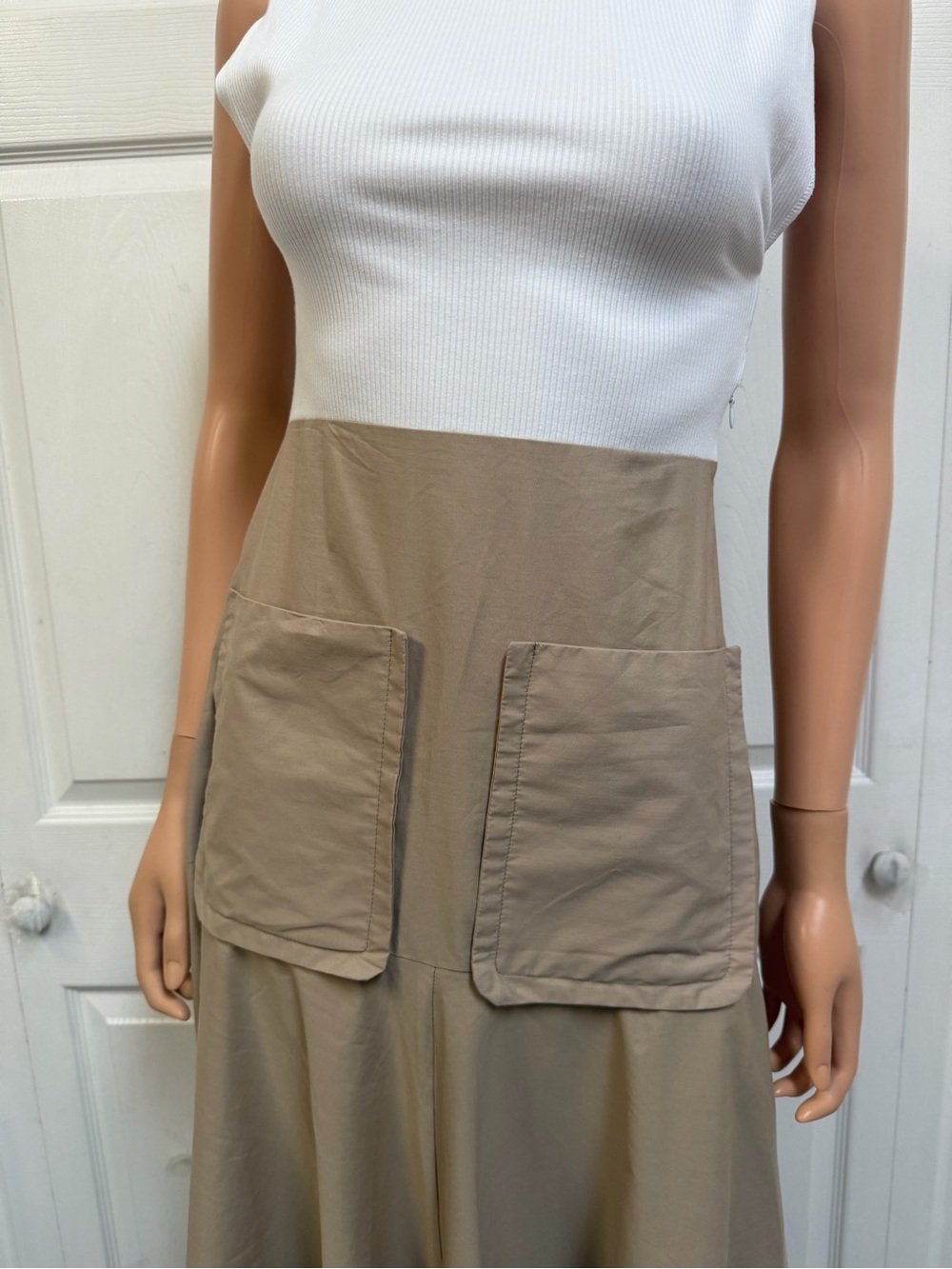 ZARA Midi Dress with Pockets Sleeveless Dress Beige Skirt, White Top Size Small - Picture 8 of 11